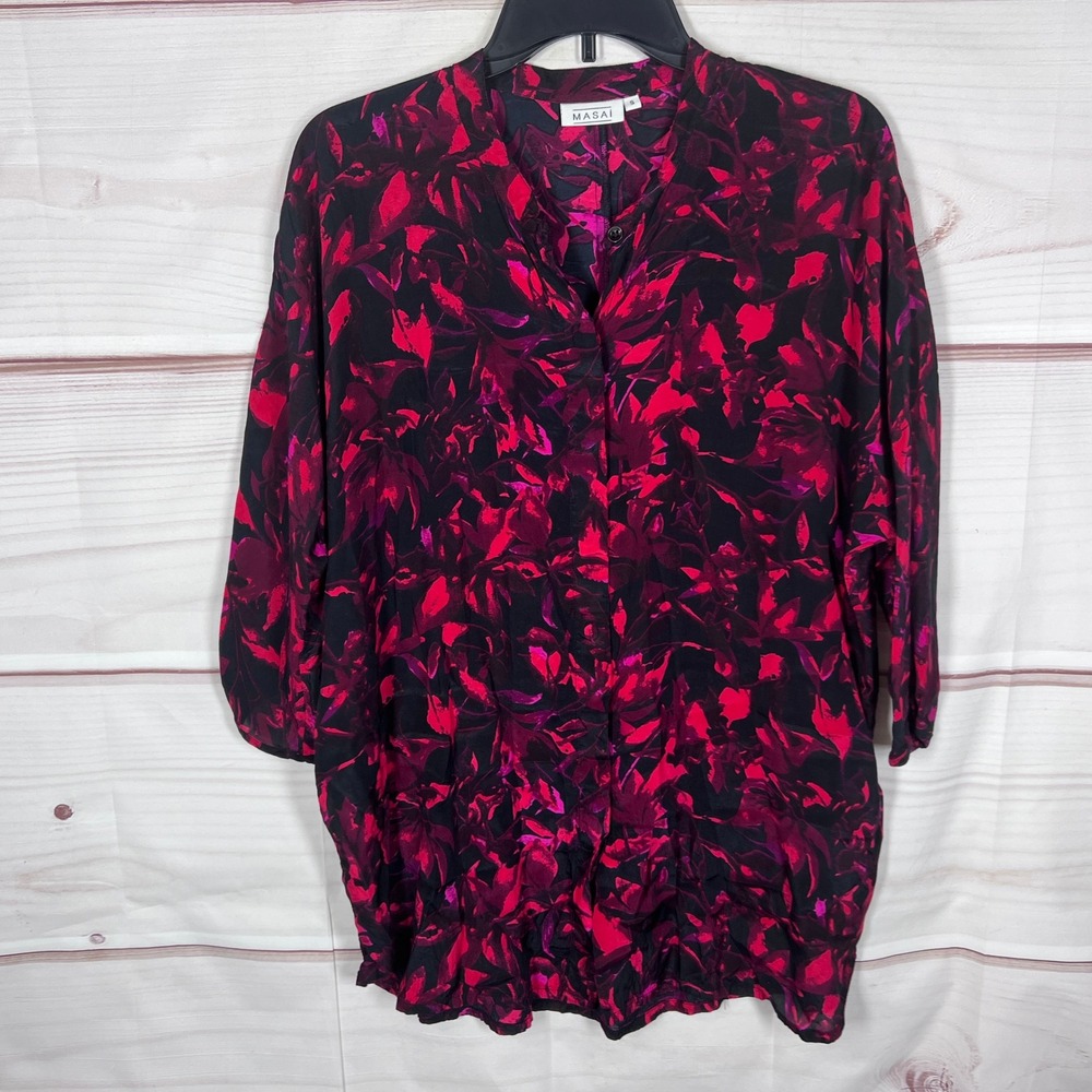 Masai Blouse Womens Small Red Floral Button Up Tunic V-Neck Viscose 3/4 Sleeve